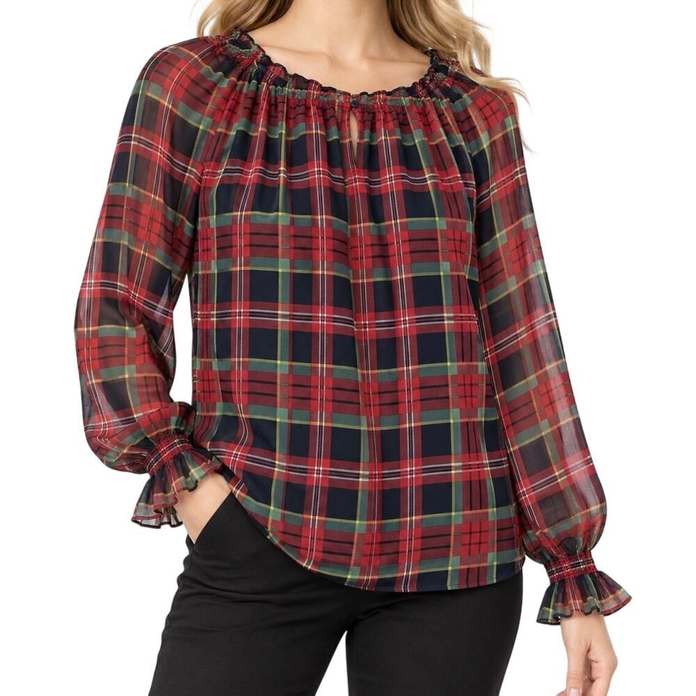 Talbots Sz Small Red Green Plaid Long Sleeve Formal Christmas Blouse Shirt Top